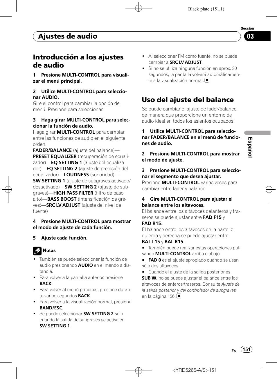 Uso del ajuste del balance, Introducción a los ajustes de audio, Ajustes de audio | Pioneer DEH P4100UB User Manual | Page 151 / 187