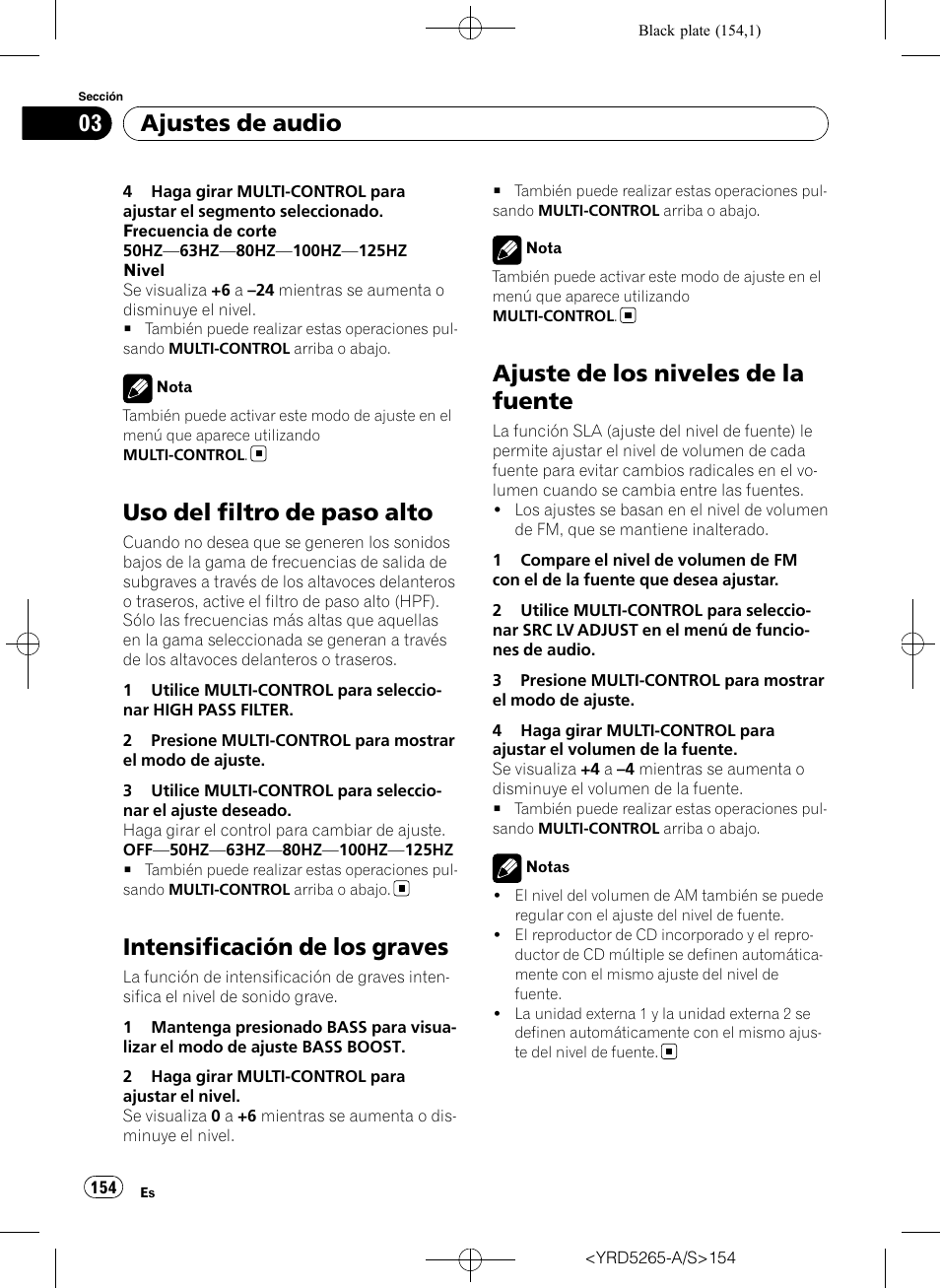 Uso del filtro de paso alto, Intensificación de los graves, Ajuste de los niveles de la fuente | Ajustes de audio | Pioneer DEH P4100UB User Manual | Page 154 / 187