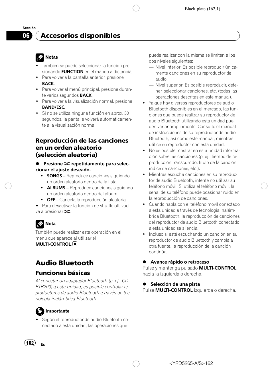 Reproducción de las canciones en un, Orden aleatorio (selección aleatoria), Audio bluetooth | Funciones básicas 162, Accesorios disponibles, Funciones básicas | Pioneer DEH P4100UB User Manual | Page 162 / 187