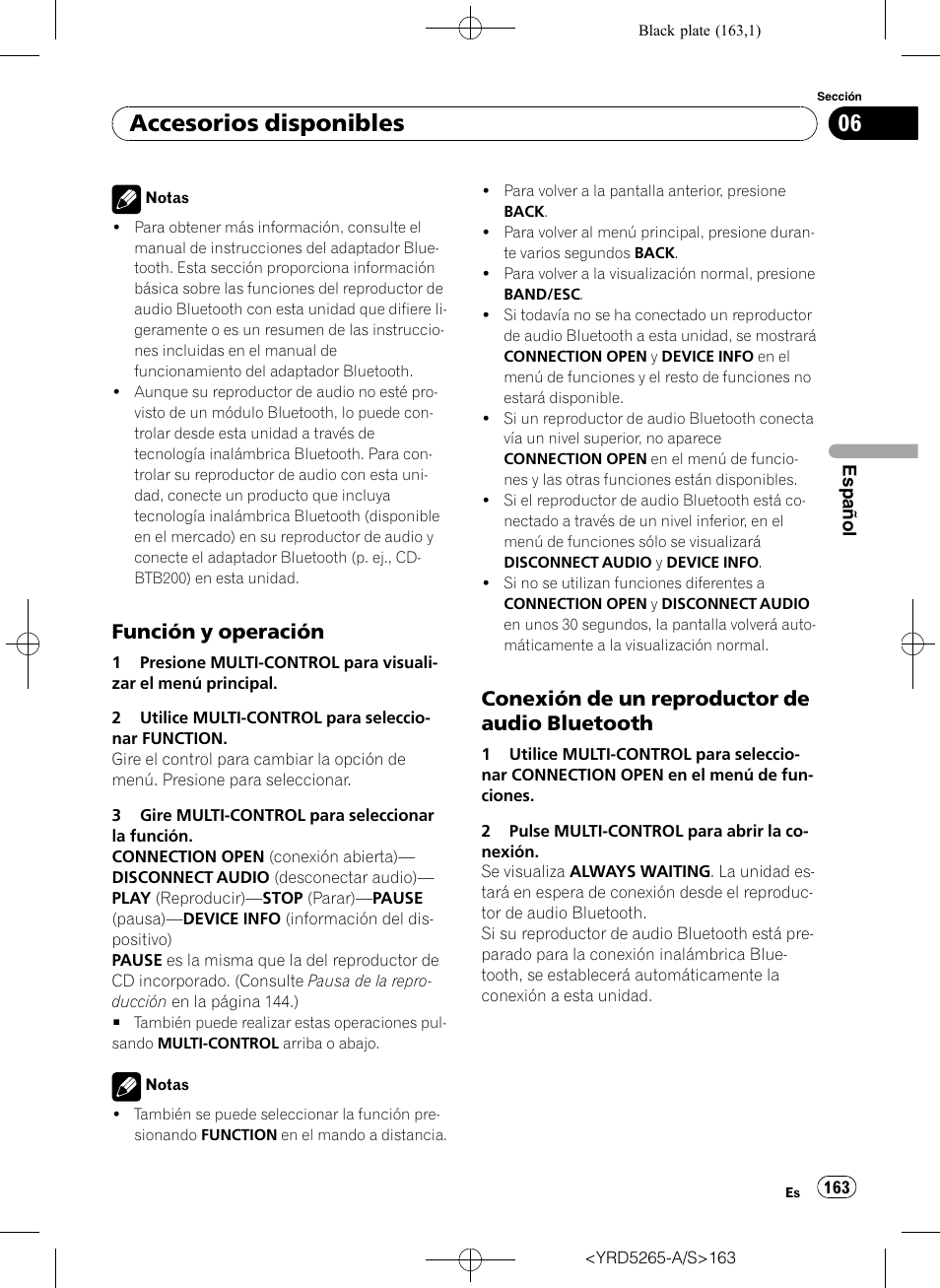 Función y operación 163, Conexión de un reproductor de audio, Bluetooth | Accesorios disponibles, Función y operación, Conexión de un reproductor de audio bluetooth | Pioneer DEH P4100UB User Manual | Page 163 / 187