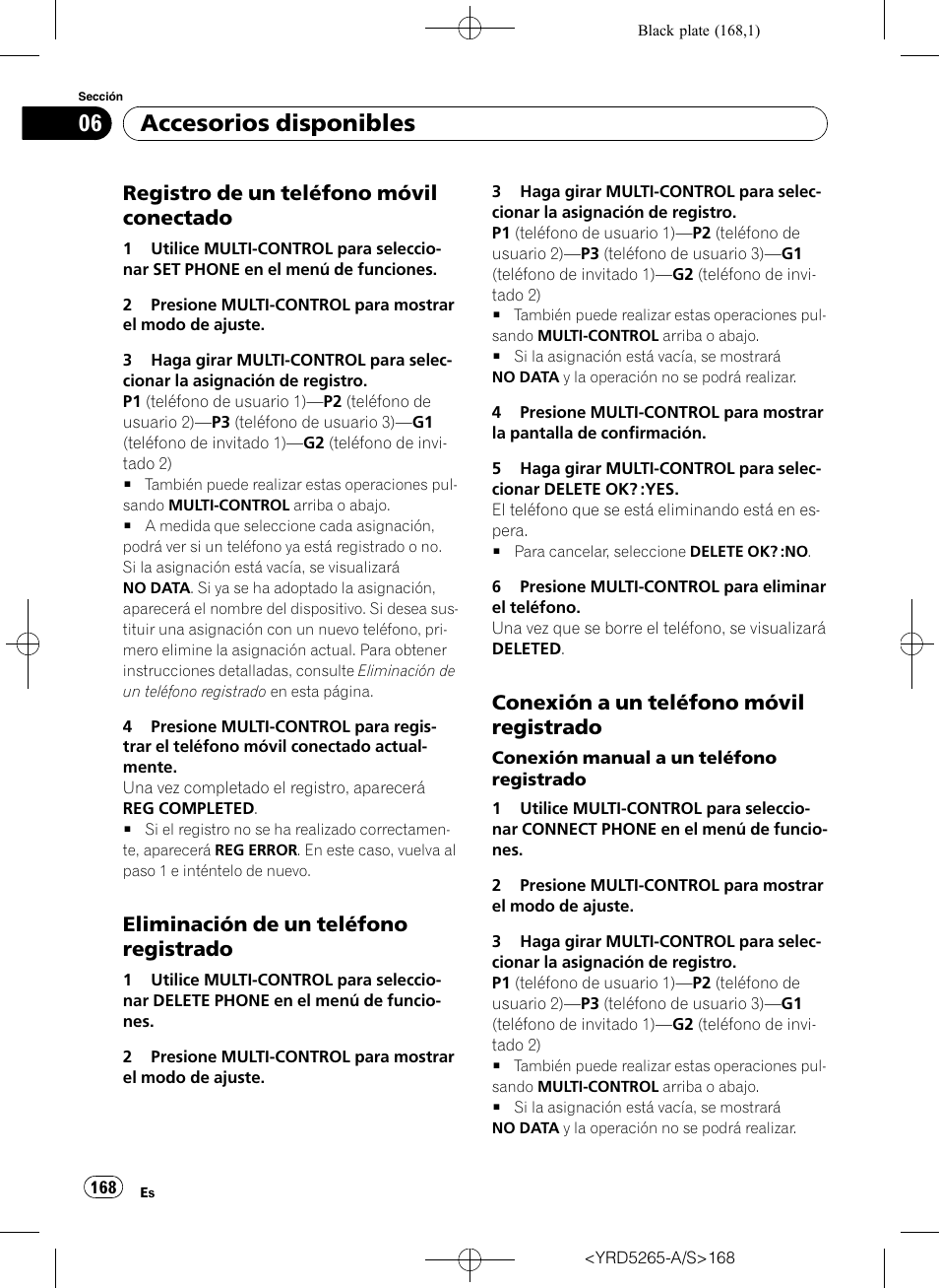 Registro de un teléfono móvil, Conectado, Eliminación de un teléfono | Registrado, Conexión a un teléfono móvil, Accesorios disponibles, Registro de un teléfono móvil conectado, Eliminación de un teléfono registrado, Conexión a un teléfono móvil registrado | Pioneer DEH P4100UB User Manual | Page 168 / 187