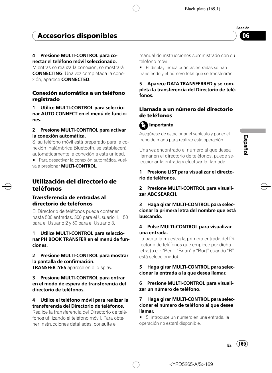 Utilización del directorio de, Teléfonos, Accesorios disponibles | Utilización del directorio de teléfonos | Pioneer DEH P4100UB User Manual | Page 169 / 187