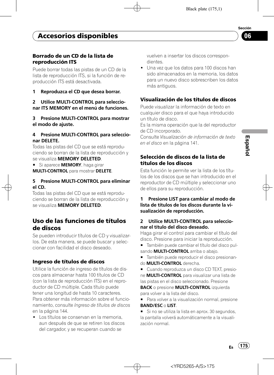 Uso de las funciones de títulos de, Discos, Accesorios disponibles | Uso de las funciones de títulos de discos | Pioneer DEH P4100UB User Manual | Page 175 / 187