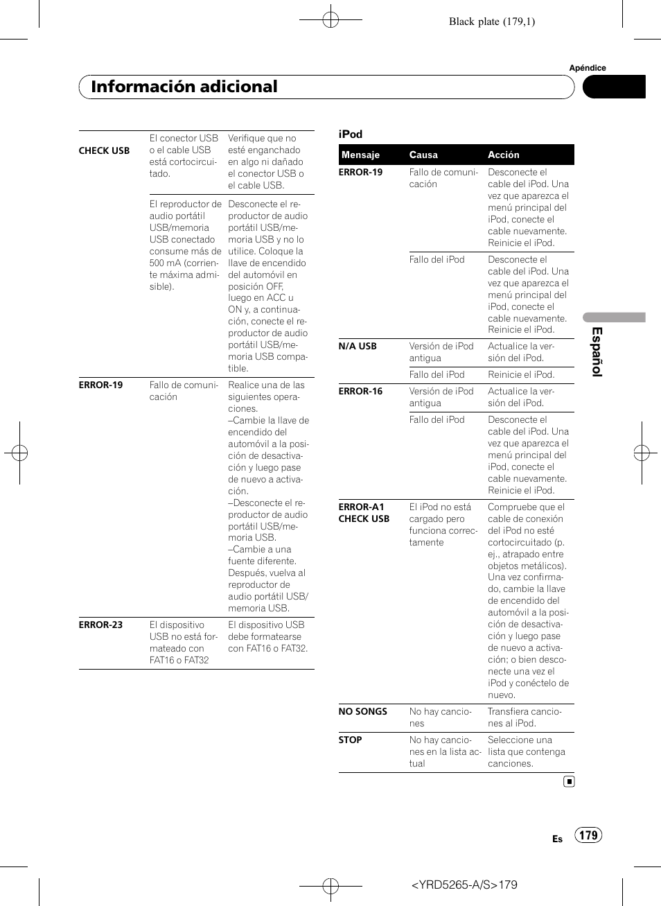 Información adicional, Español | Pioneer DEH P4100UB User Manual | Page 179 / 187