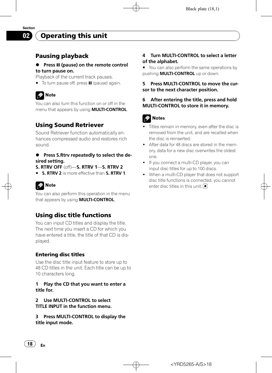 Pausing playback 18, Using sound retriever 18, Using disc title functions 18 | Operating this unit, Pausing playback, Using sound retriever, Using disc title functions | Pioneer DEH P4100UB User Manual | Page 18 / 187