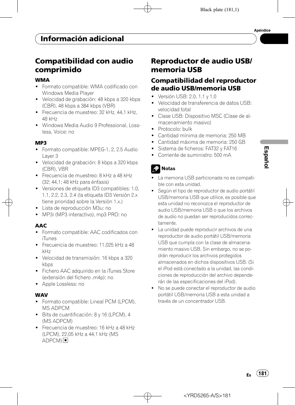 Compatibilidad con audio comprimido, Reproductor de audio usb/memoria, Compatibilidad del reproductor de | Audio usb/memoria usb, Información adicional | Pioneer DEH P4100UB User Manual | Page 181 / 187