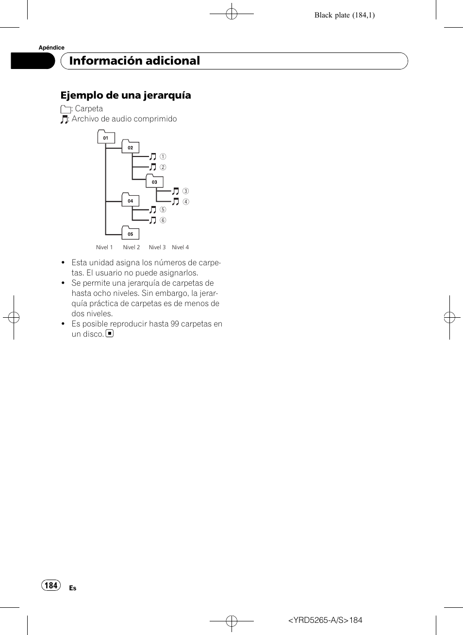 Ejemplo de una jerarquía 184, Información adicional, Ejemplo de una jerarquía | Pioneer DEH P4100UB User Manual | Page 184 / 187