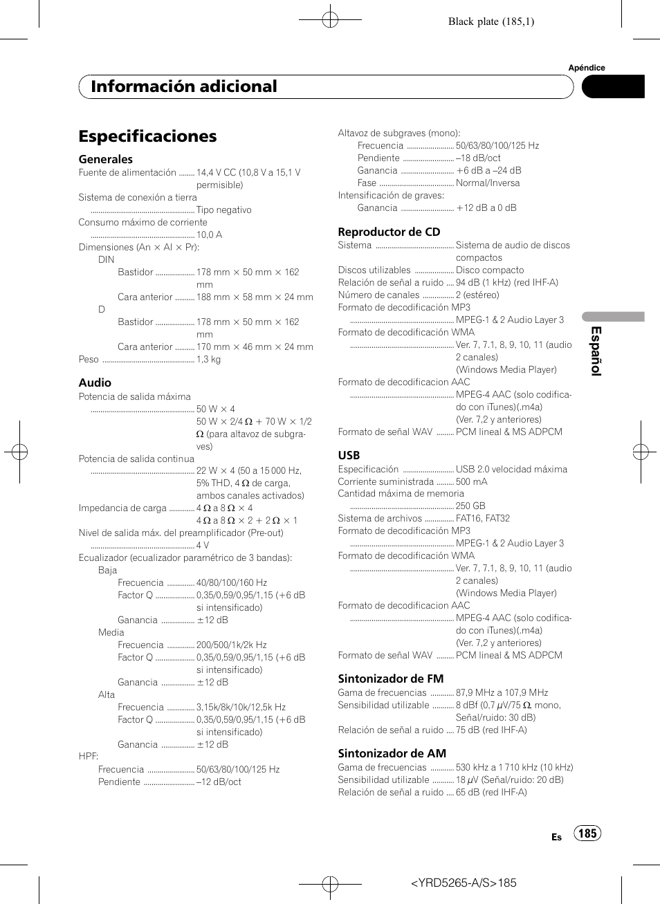 Especificaciones, Información adicional, Español | Pioneer DEH P4100UB User Manual | Page 185 / 187