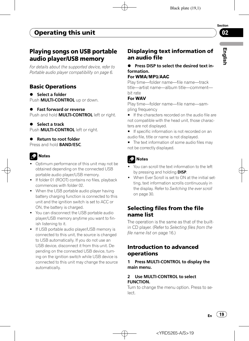 Playing songs on usb portable audio player, Usb memory, Basic operations 19 | Displaying text information of an audio, File, Selecting files from the file name, List, Introduction to advanced, Operations, Operating this unit | Pioneer DEH P4100UB User Manual | Page 19 / 187