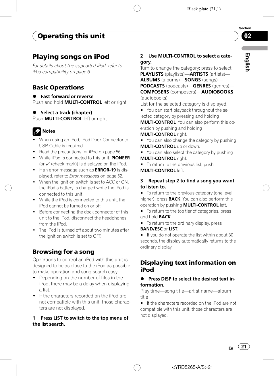 Playing songs on ipod, Basic operations 21, Browsing for a song 21 | Displaying text information on, Ipod, Operating this unit, Basic operations, Browsing for a song, Displaying text information on ipod | Pioneer DEH P4100UB User Manual | Page 21 / 187