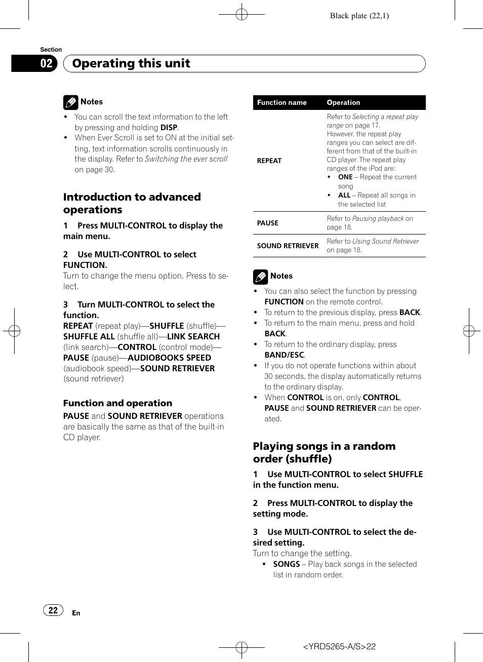 Introduction to advanced, Operations, Playing songs in a random order | Shuffle), Operating this unit, Introduction to advanced operations, Playing songs in a random order (shuffle) | Pioneer DEH P4100UB User Manual | Page 22 / 187