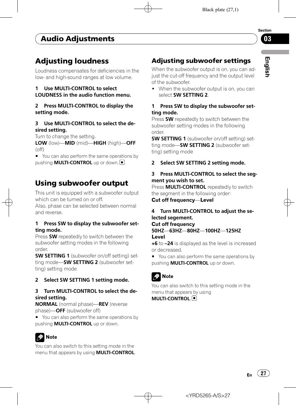 Adjusting loudness, Using subwoofer output, Adjusting subwoofer settings 27 | Audio adjustments, Adjusting subwoofer settings | Pioneer DEH P4100UB User Manual | Page 27 / 187