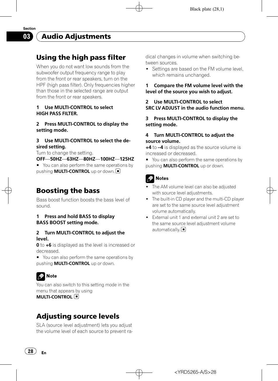 Using the high pass filter, Boosting the bass, Adjusting source levels | Audio adjustments | Pioneer DEH P4100UB User Manual | Page 28 / 187