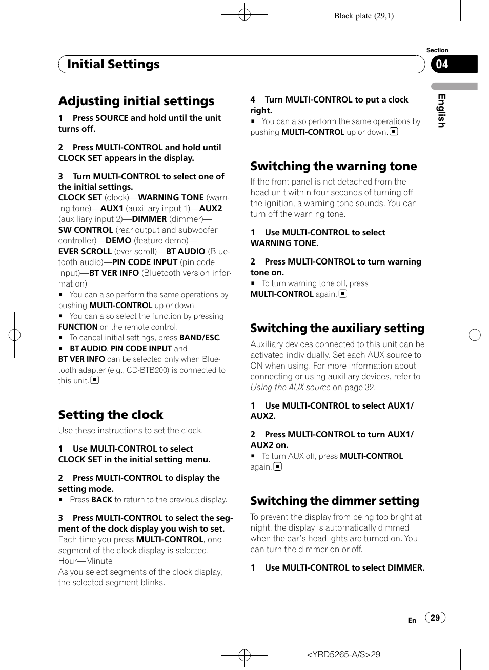 Initial settings adjusting initial settings, Setting the clock, Switching the warning tone | Switching the auxiliary setting, Switching the dimmer setting, Adjusting initial settings, Initial settings | Pioneer DEH P4100UB User Manual | Page 29 / 187