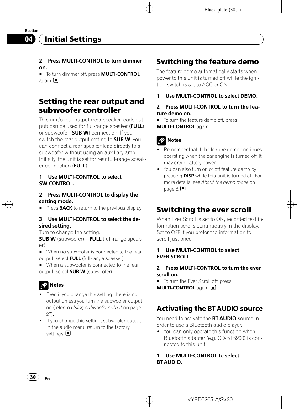 Setting the rear output and subwoofer, Controller, Switching the feature demo | Switching the ever scroll, Activating the bt audio source, Activating the, Bt audio source, Setting the rear output and subwoofer controller, Initial settings | Pioneer DEH P4100UB User Manual | Page 30 / 187