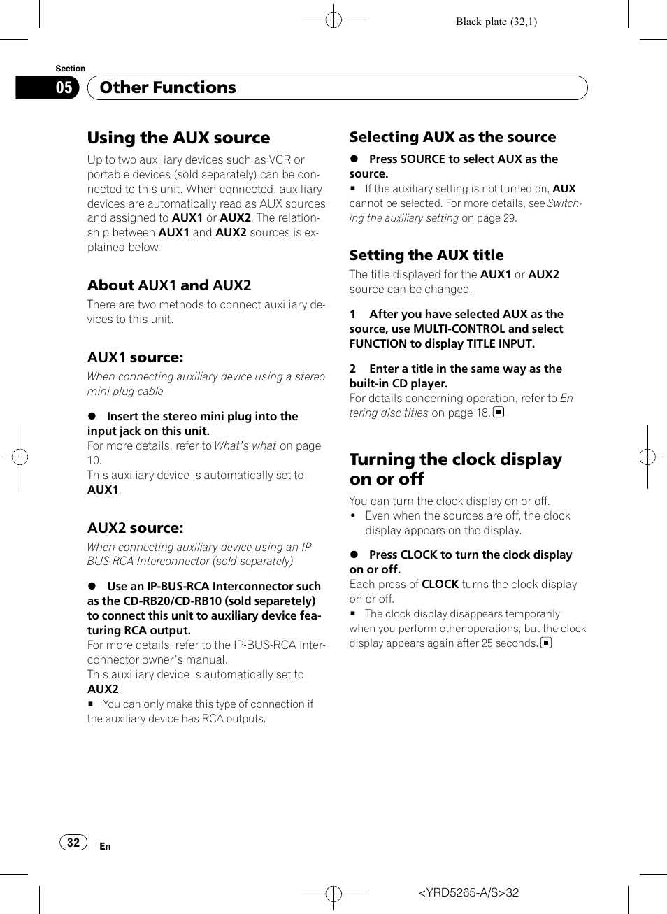 Other functions using the aux source, About aux1 and aux2 32, Aux1 source: 32 | Aux2 source: 32, Selecting aux as the source 32, Setting the aux title 32, Turning the clock display on or off, Using the aux source, Other functions | Pioneer DEH P4100UB User Manual | Page 32 / 187