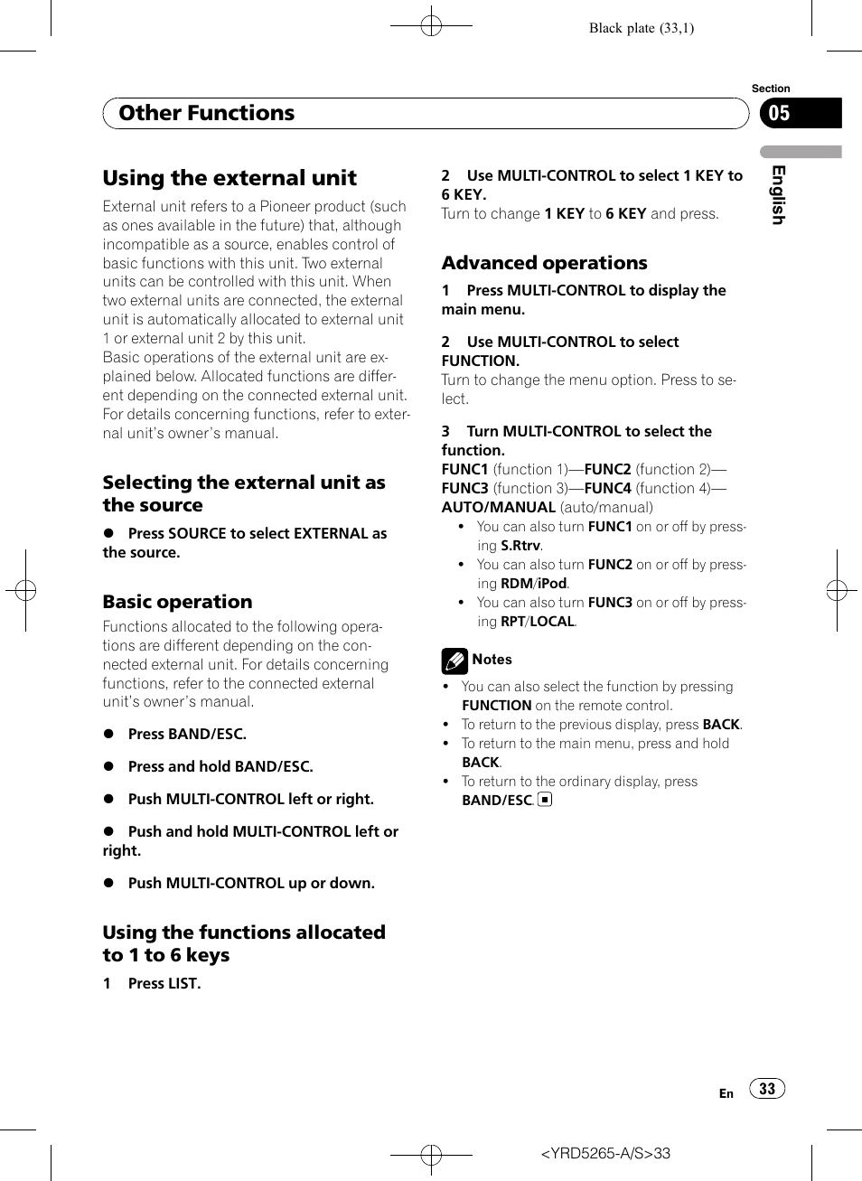 Using the external unit, Selecting the external unit as the, Source | Basic operation 33, Using the functions allocated to 1 to 6, Keys, Advanced operations 33, Other functions, Selecting the external unit as the source, Basic operation | Pioneer DEH P4100UB User Manual | Page 33 / 187