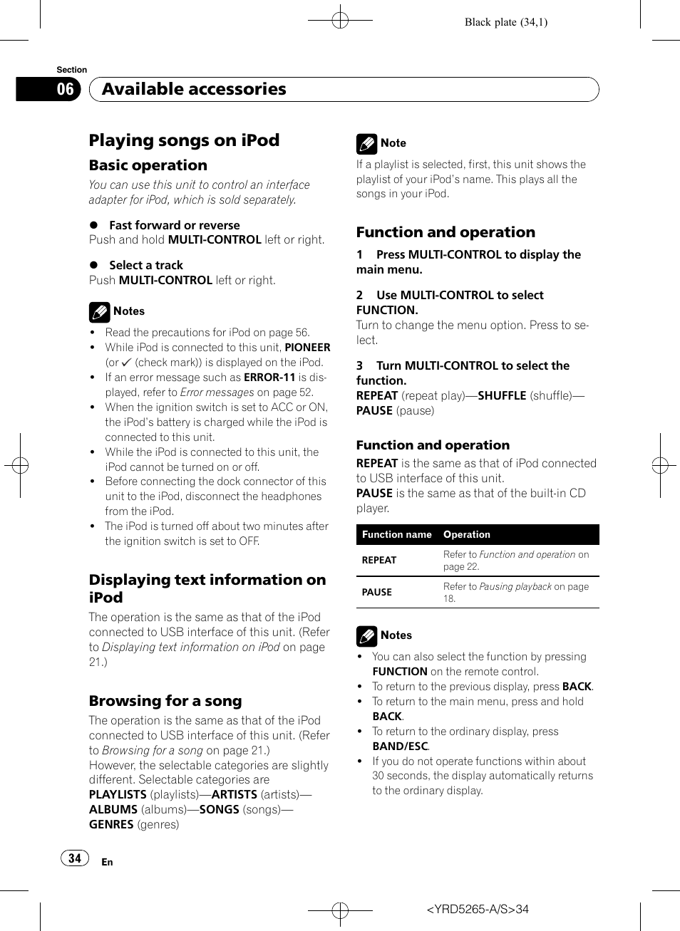 Available accessories playing songs on ipod, Basic operation 34, Displaying text information on | Ipod, Browsing for a song 34, Function and operation 34, Playing songs on ipod, Available accessories, Basic operation, Displaying text information on ipod | Pioneer DEH P4100UB User Manual | Page 34 / 187