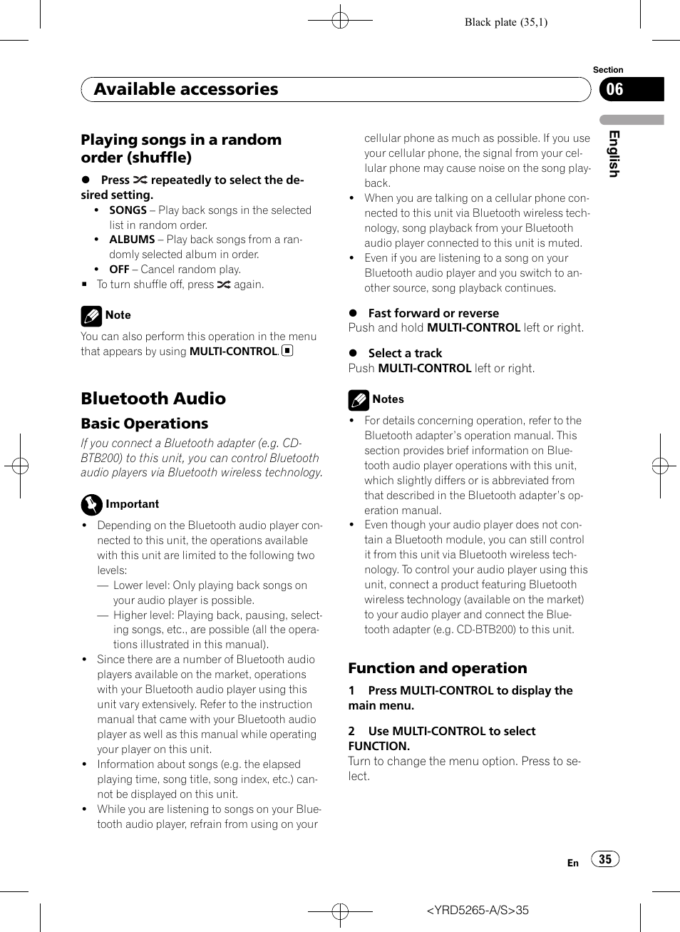 Playing songs in a random order, Shuffle), Bluetooth audio | Basic operations 35, Function and operation 35, Available accessories, Playing songs in a random order (shuffle), Basic operations, Function and operation | Pioneer DEH P4100UB User Manual | Page 35 / 187