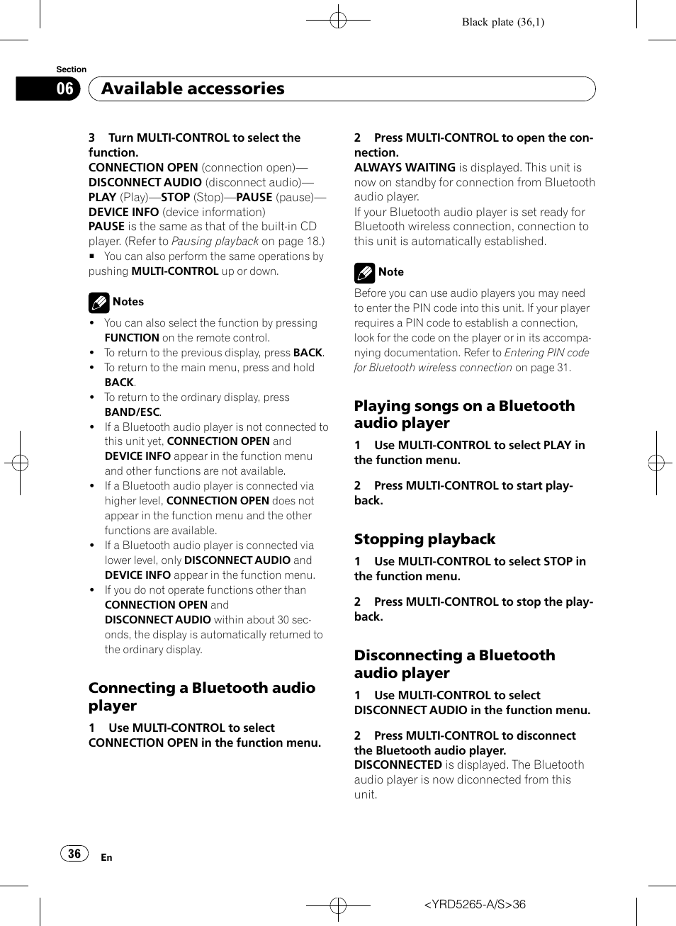 Connecting a bluetooth audio, Player, Playing songs on a bluetooth audio | Stopping playback 36, Disconnecting a bluetooth audio, Available accessories, Connecting a bluetooth audio player, Playing songs on a bluetooth audio player, Stopping playback, Disconnecting a bluetooth audio player | Pioneer DEH P4100UB User Manual | Page 36 / 187