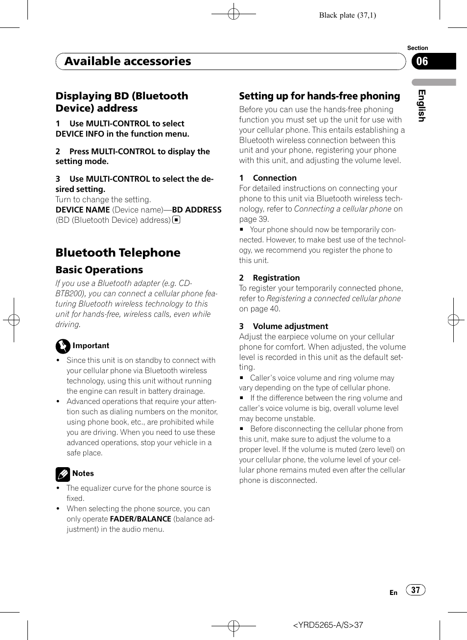 Displaying bd (bluetooth device), Address, Bluetooth telephone | Basic operations 37, Setting up for hands-free phoning 37, Available accessories, Displaying bd (bluetooth device) address, Basic operations, Setting up for hands-free phoning | Pioneer DEH P4100UB User Manual | Page 37 / 187