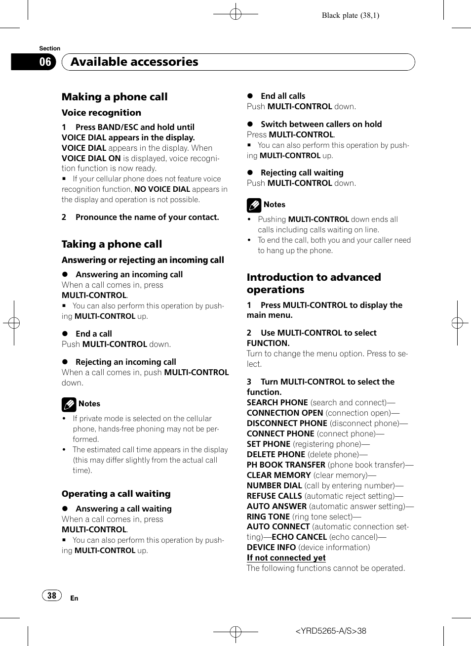 Making a phone call 38, Taking a phone call 38, Introduction to advanced | Operations, Available accessories, Making a phone call, Taking a phone call, Introduction to advanced operations | Pioneer DEH P4100UB User Manual | Page 38 / 187