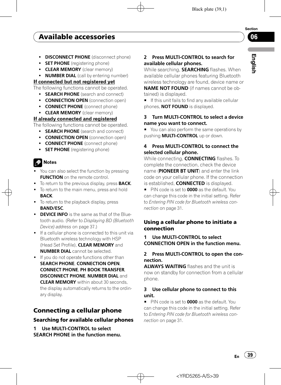 Connecting a cellular phone 39, Available accessories, Connecting a cellular phone | Pioneer DEH P4100UB User Manual | Page 39 / 187