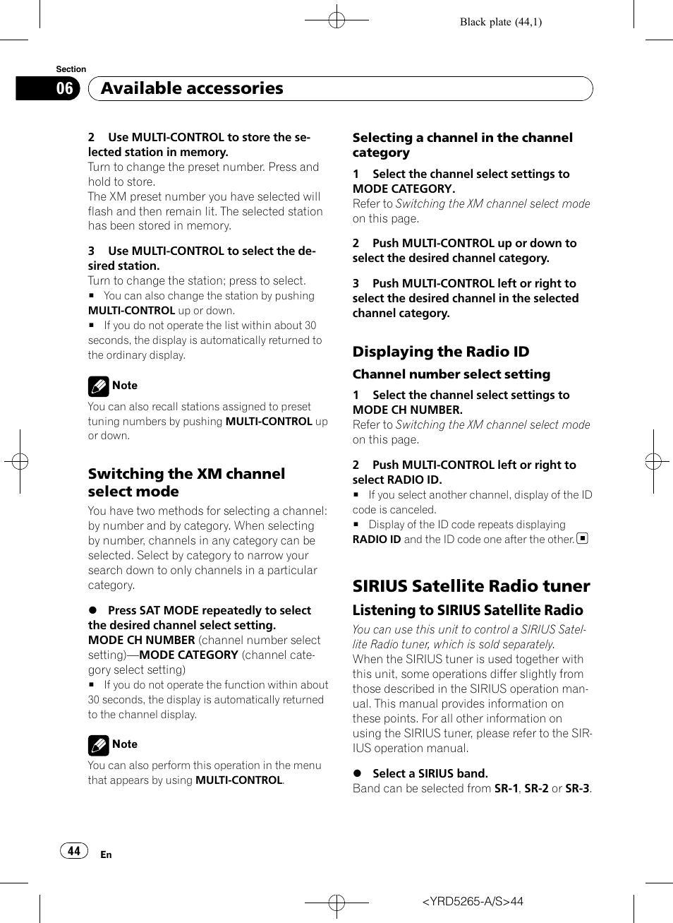 Switching the xm channel select, Mode, Displaying the radio id 44 | Sirius satellite radio tuner, Listening to sirius satellite radio 44, Available accessories, Switching the xm channel select mode, Displaying the radio id, Listening to sirius satellite radio | Pioneer DEH P4100UB User Manual | Page 44 / 187