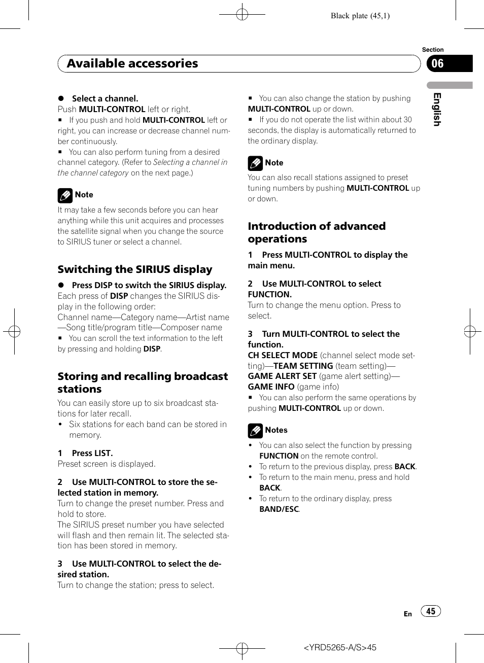 Switching the sirius display 45, Storing and recalling broadcast, Stations | Introduction of advanced, Operations, Available accessories, Switching the sirius display, Storing and recalling broadcast stations, Introduction of advanced operations | Pioneer DEH P4100UB User Manual | Page 45 / 187