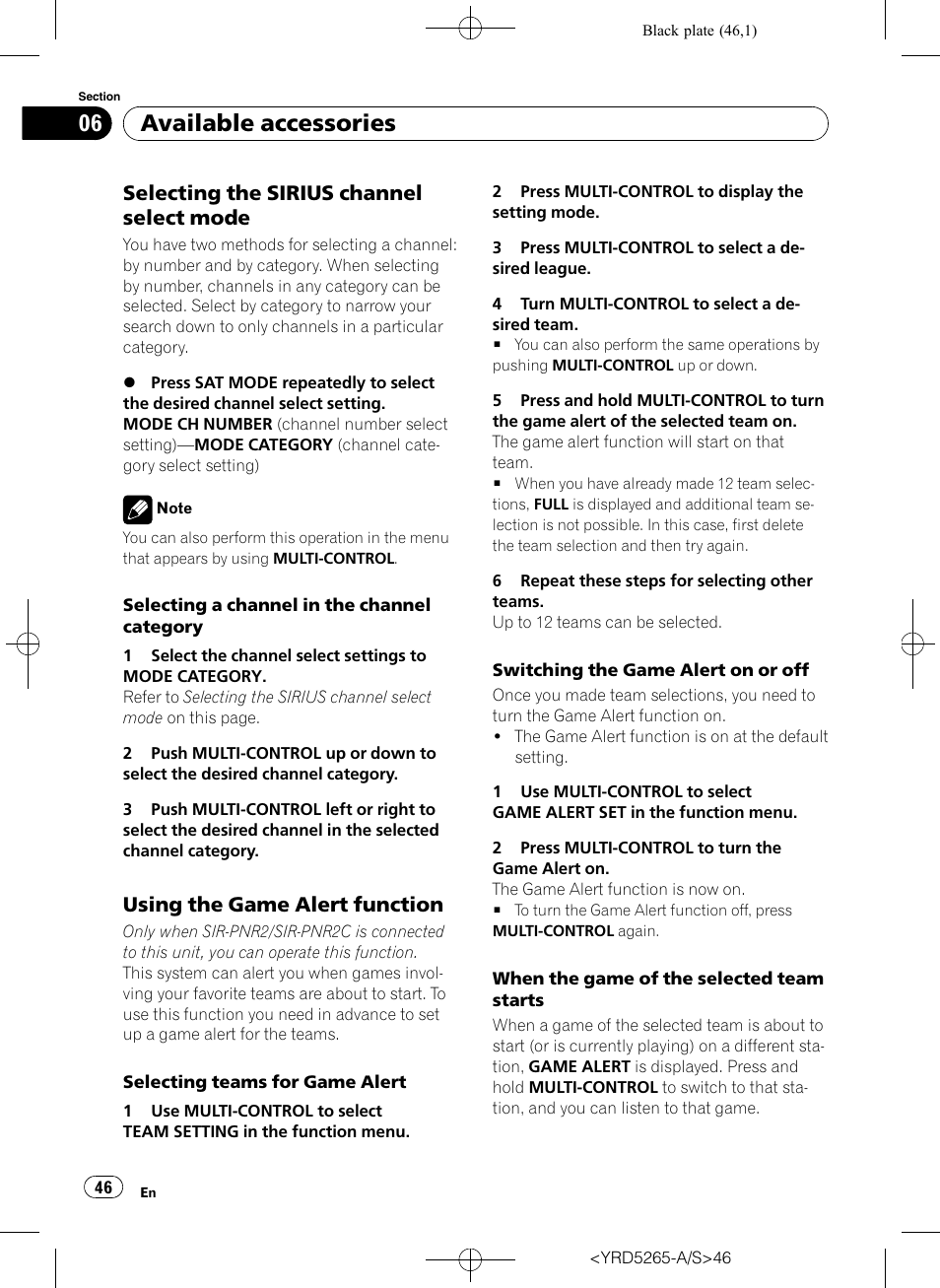 Selecting the sirius channel select, Mode, Using the game alert function 46 | Available accessories, Selecting the sirius channel select mode, Using the game alert function | Pioneer DEH P4100UB User Manual | Page 46 / 187