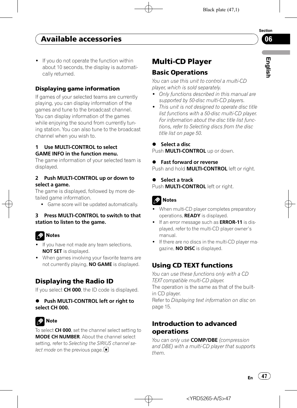 Displaying the radio id 47, Multi-cd player, Basic operations 47 | Using cd text functions 47, Introduction to advanced, Operations, Available accessories, Displaying the radio id, Basic operations, Using cd text functions | Pioneer DEH P4100UB User Manual | Page 47 / 187