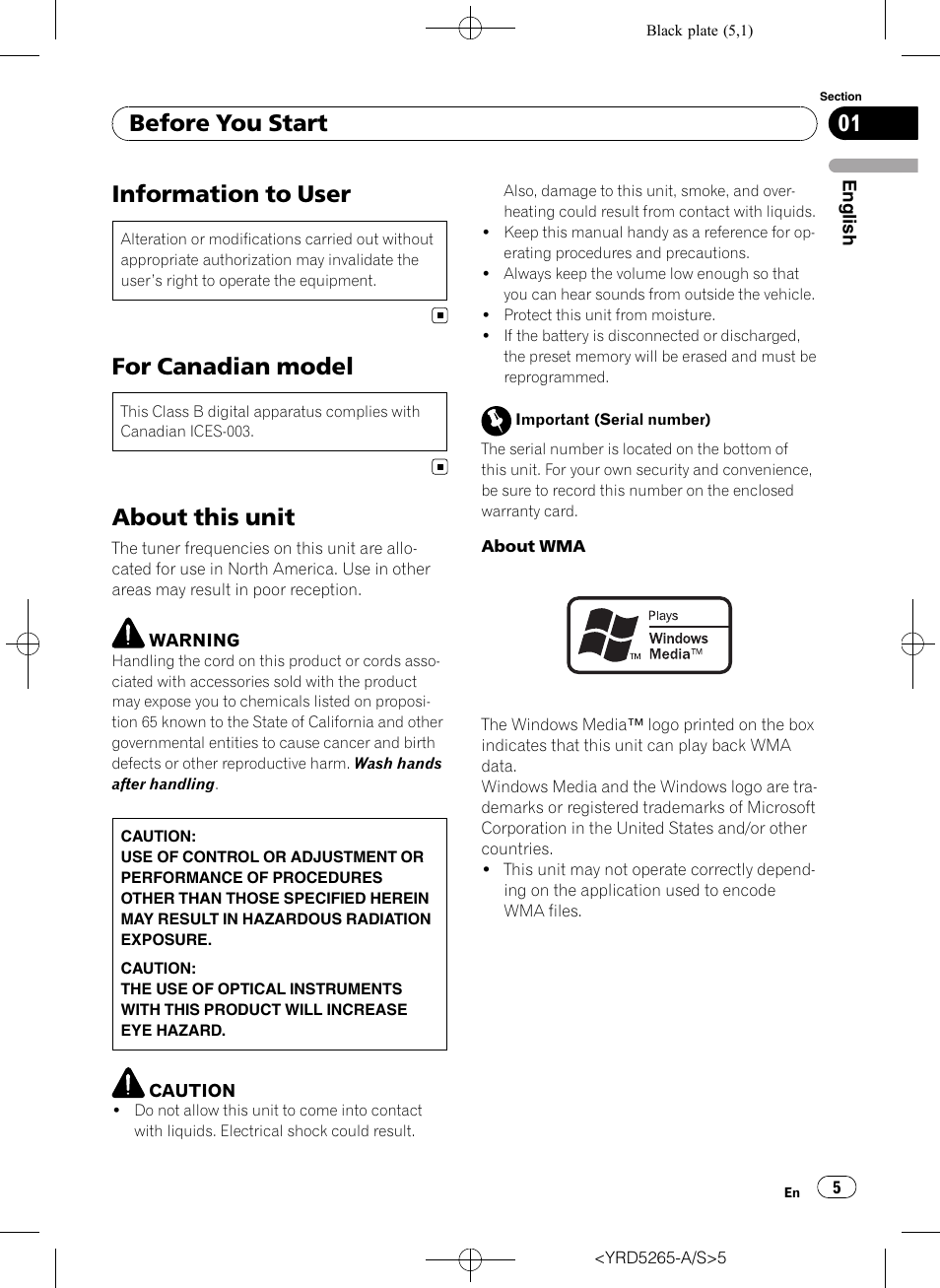 Before you start, Information to user, For canadian model | About this unit | Pioneer DEH P4100UB User Manual | Page 5 / 187