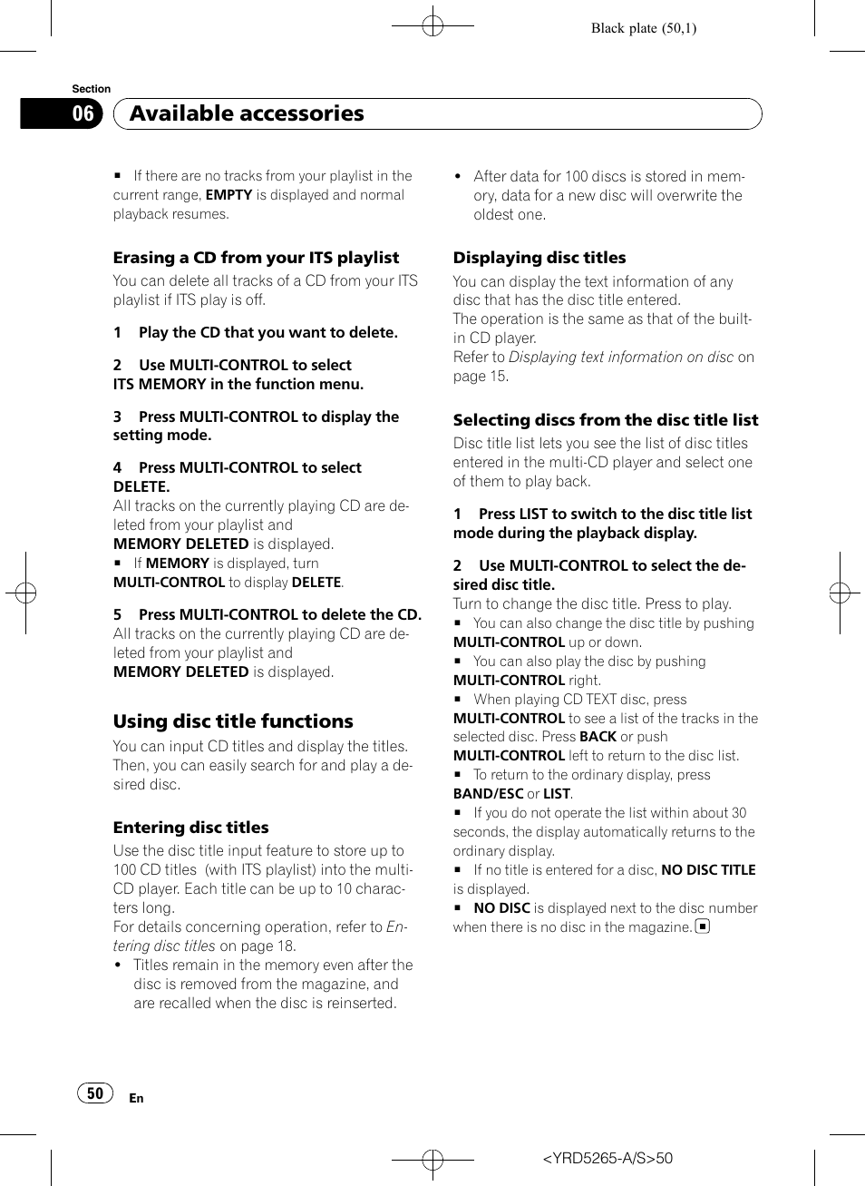 Using disc title functions 50, Available accessories, Using disc title functions | Pioneer DEH P4100UB User Manual | Page 50 / 187