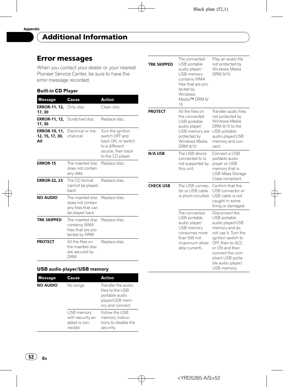 Additional information error messages, Error messages, Additional information | Pioneer DEH P4100UB User Manual | Page 52 / 187