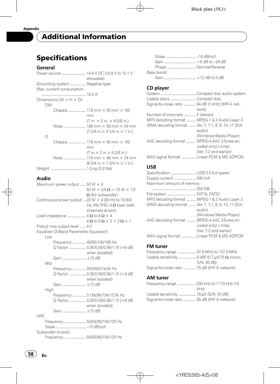 Specifications, Additional information | Pioneer DEH P4100UB User Manual | Page 58 / 187