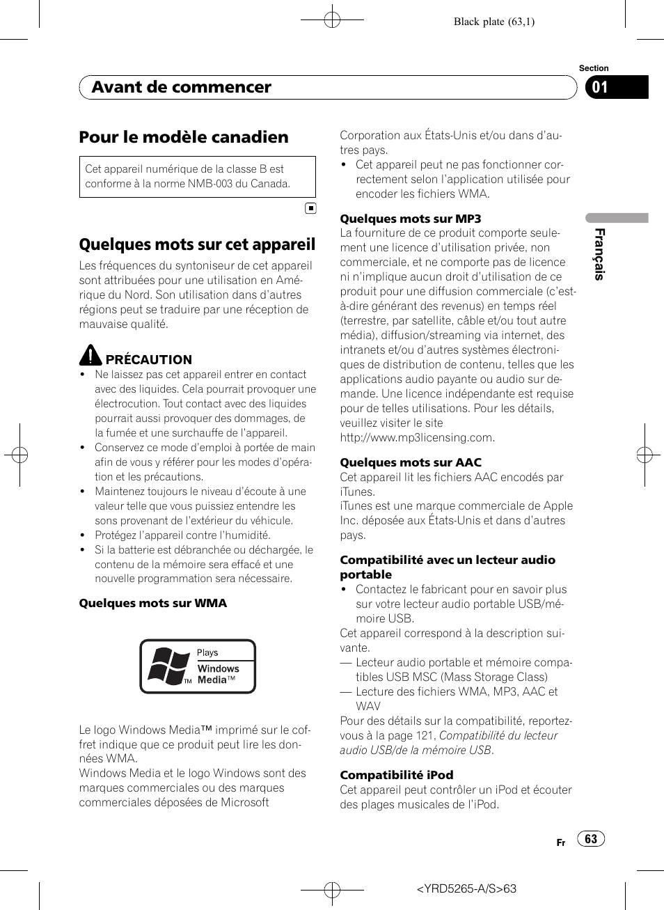 Avant de commencer, Pour le modèle canadien, Quelques mots sur cet appareil | Pioneer DEH P4100UB User Manual | Page 63 / 187