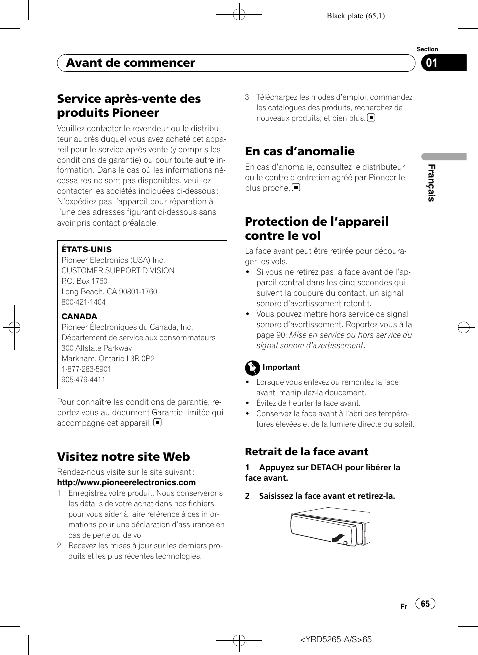 Service après-vente des produits pioneer, Visitez notre site web, En cas d | Anomalie 65, Protection de l, Appareil contre le vol 65, Retrait de la face avant 65, En cas d ’anomalie, Protection de l ’appareil contre le vol, Avant de commencer | Pioneer DEH P4100UB User Manual | Page 65 / 187