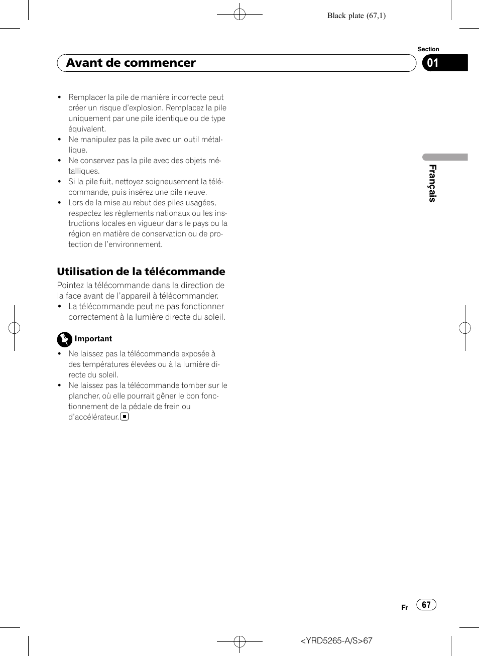 Utilisation de la télécommande 67, Avant de commencer, Utilisation de la télécommande | Pioneer DEH P4100UB User Manual | Page 67 / 187