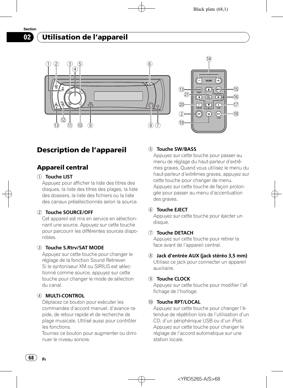 Utilisation de l, Appareil, Description de l | Appareil 68, Appareil central 68, Description de l ’appareil, Utilisation de l ’appareil | Pioneer DEH P4100UB User Manual | Page 68 / 187