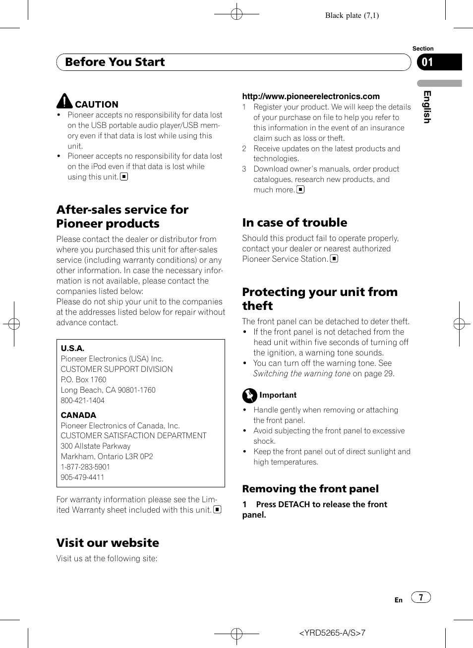 After-sales service for pioneer products, Visit our website, In case of trouble | Protecting your unit from theft, Removing the front panel 7, Before you start, Removing the front panel | Pioneer DEH P4100UB User Manual | Page 7 / 187