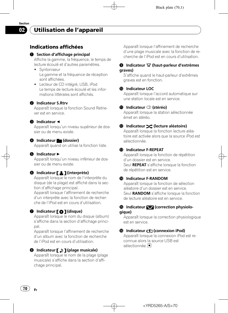 Indications affichées 70, Utilisation de l ’appareil, Indications affichées | Pioneer DEH P4100UB User Manual | Page 70 / 187