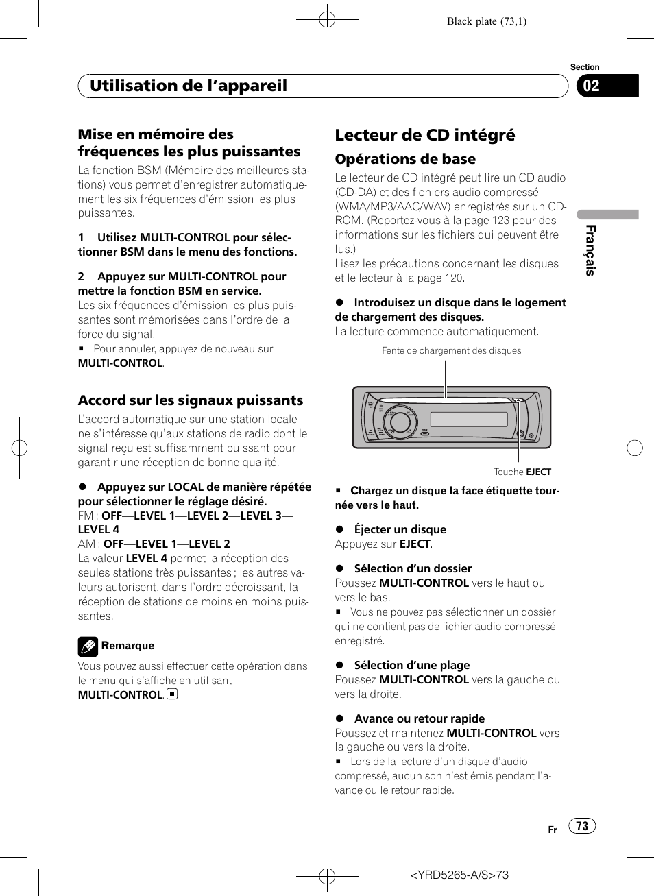 Mise en mémoire des fréquences les, Plus puissantes, Accord sur les signaux puissants 73 | Lecteur de cd intégré, Opérations de base 73, Utilisation de l ’appareil, Mise en mémoire des fréquences les plus puissantes, Accord sur les signaux puissants, Opérations de base | Pioneer DEH P4100UB User Manual | Page 73 / 187