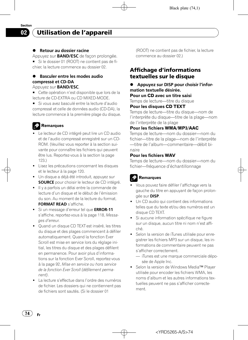 Affichage d’informations textuelles sur, Le disque, Utilisation de l ’appareil | Affichage d ’informations textuelles sur le disque | Pioneer DEH P4100UB User Manual | Page 74 / 187