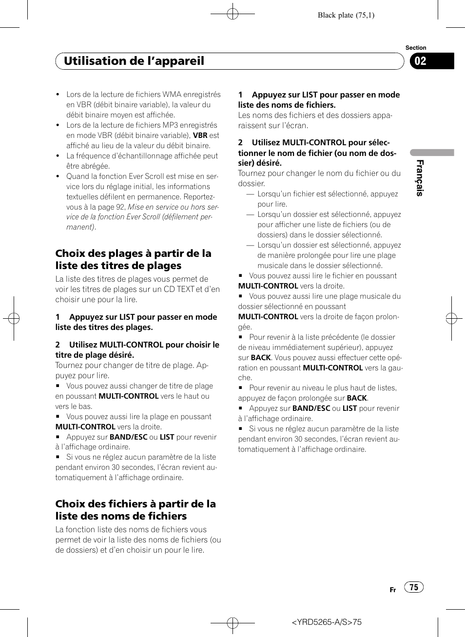Choix des plages à partir de la liste des, Titres de plages, Choix des fichiers à partir de la liste des | Noms de fichiers, Utilisation de l ’appareil | Pioneer DEH P4100UB User Manual | Page 75 / 187