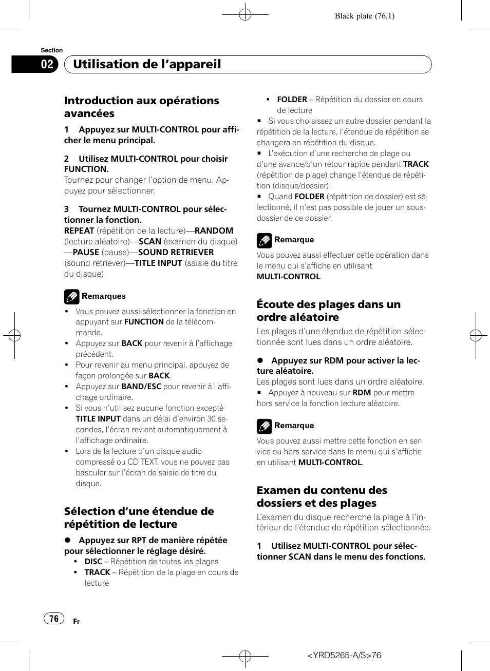 Introduction aux opérations, Avancées, Sélection d’une étendue de répétition | De lecture, Écoute des plages dans un ordre, Aléatoire, Examen du contenu des dossiers et des, Plages, Utilisation de l ’appareil, Introduction aux opérations avancées | Pioneer DEH P4100UB User Manual | Page 76 / 187