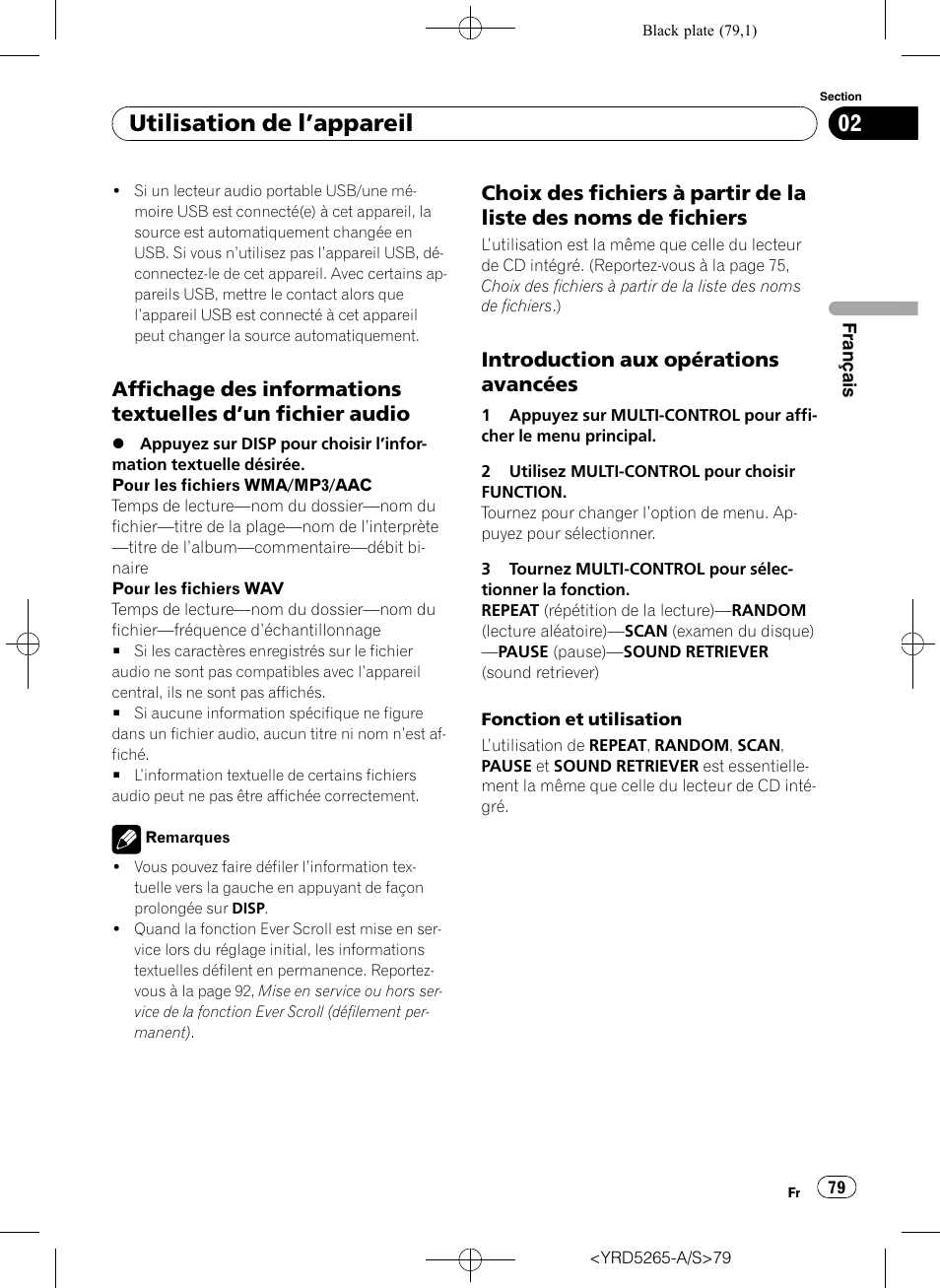 Affichage des informations textuelles, Un fichier audio 79, Choix des fichiers à partir de la liste des | Noms de fichiers, Introduction aux opérations, Avancées, Utilisation de l ’appareil, Introduction aux opérations avancées | Pioneer DEH P4100UB User Manual | Page 79 / 187