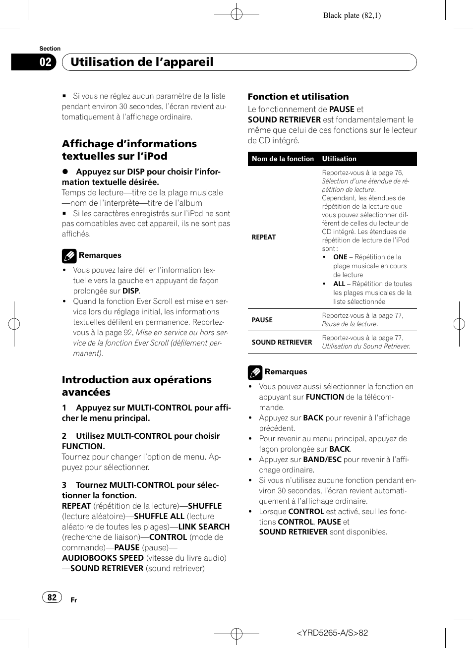 Affichage d’informations textuelles sur, Ipod 82, Introduction aux opérations | Avancées, Utilisation de l ’appareil, Affichage d ’informations textuelles sur l ’ipod, Introduction aux opérations avancées | Pioneer DEH P4100UB User Manual | Page 82 / 187