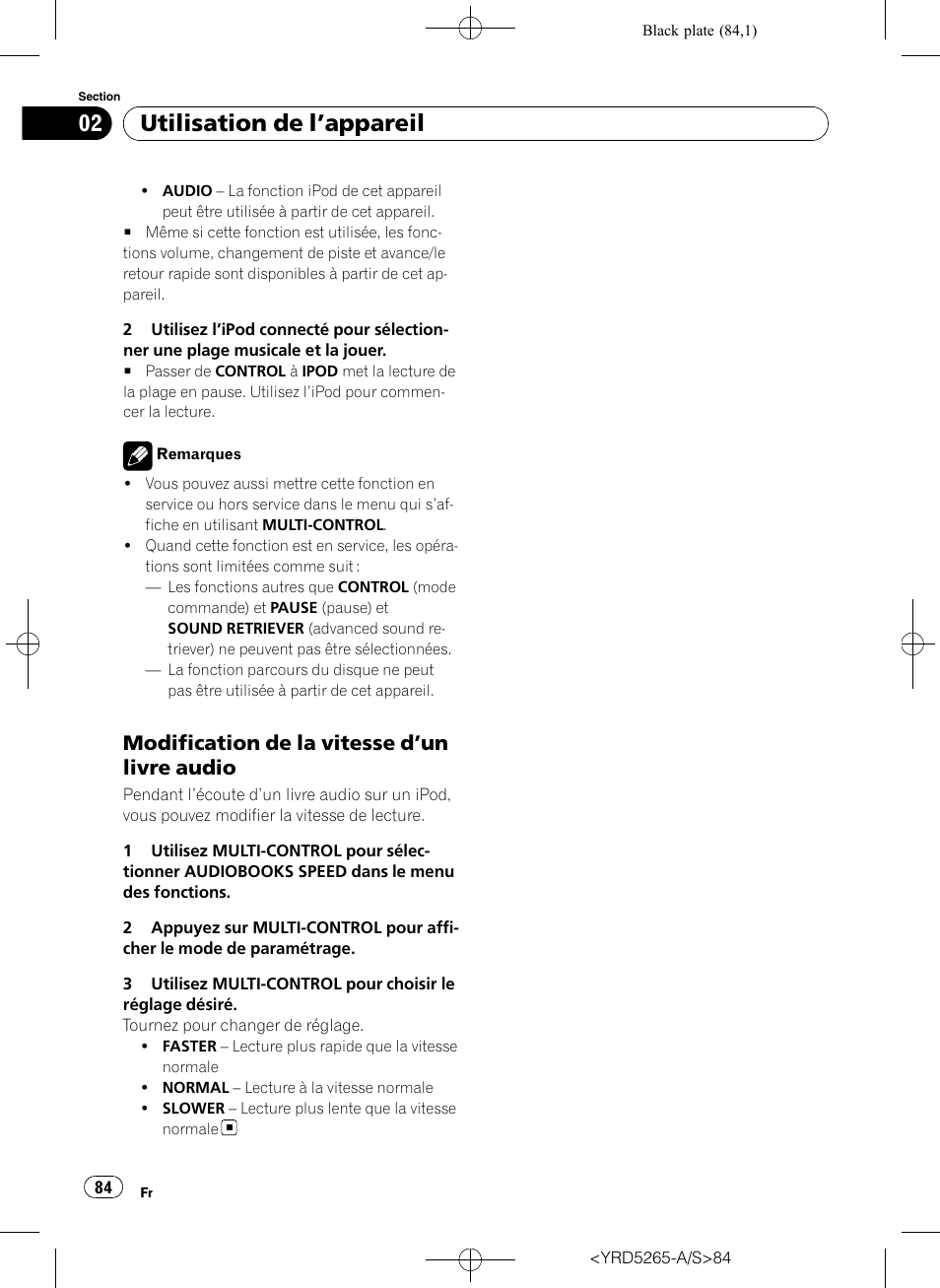 Modification de la vitesse d’un livre, Audio, Utilisation de l ’appareil | Modification de la vitesse d ’un livre audio | Pioneer DEH P4100UB User Manual | Page 84 / 187