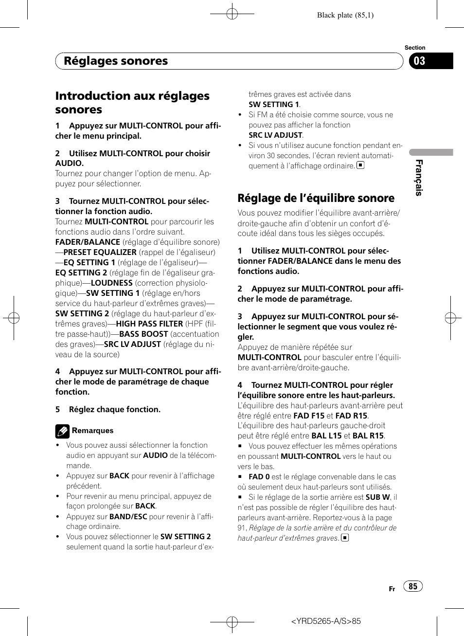 Réglages sonores introduction aux réglages sonores, Réglage de l, Équilibre sonore 85 | Introduction aux réglages sonores, Réglage de l ’équilibre sonore, Réglages sonores | Pioneer DEH P4100UB User Manual | Page 85 / 187