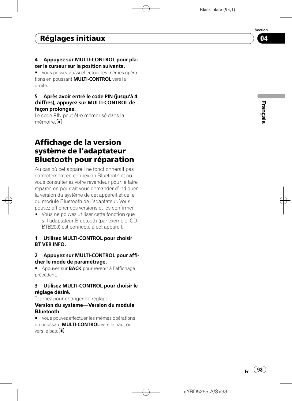 Affichage de la version système de, Adaptateur bluetooth pour, Réparation | Réglages initiaux | Pioneer DEH P4100UB User Manual | Page 93 / 187